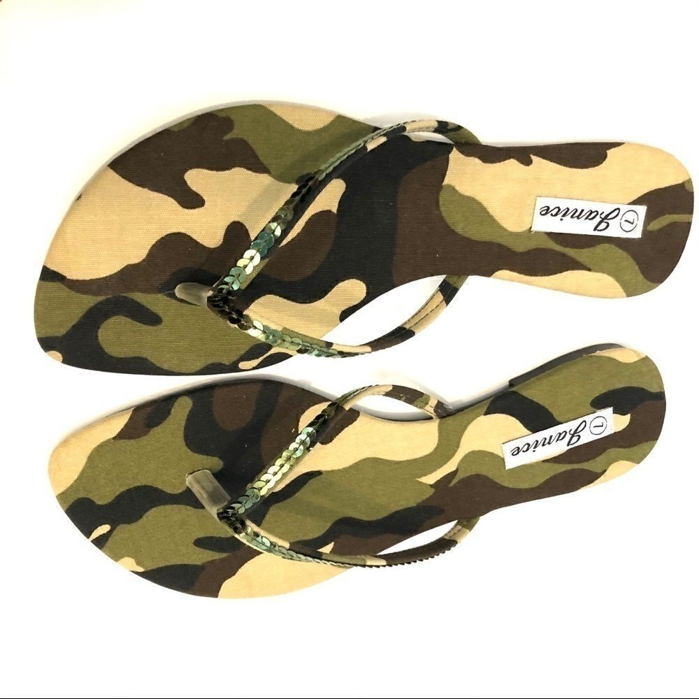Camouflage camo green olive sequin sandals thongs NEW NIB NWT flip flops 6.5 - Picture 6 of 12